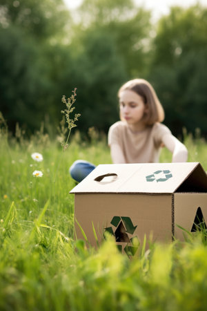 nature, recycling and eco friendly box with a woman in the background for an environmental cause, created with generative aiの素材
