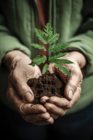 nature, hands and people with tree seedling for sustainability, environment or activism, created with generative aiの素材