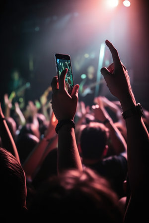 hands, phone and man in a concert, dark or mosh pit streaming music on social media app, created with generative aiの素材