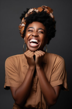 black woman, portrait and excited with a smile in studio for good news or celebration feeling happy, created with generative aiの素材