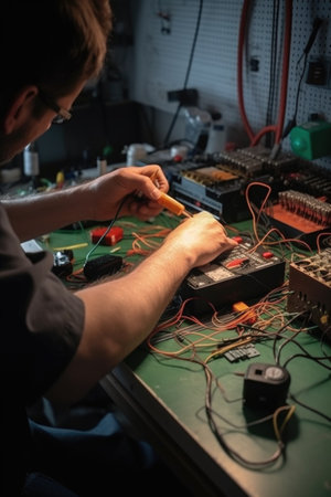 electrician, engineer and hands of man in workshop with professional tools for maintenance, created with generative aiの素材