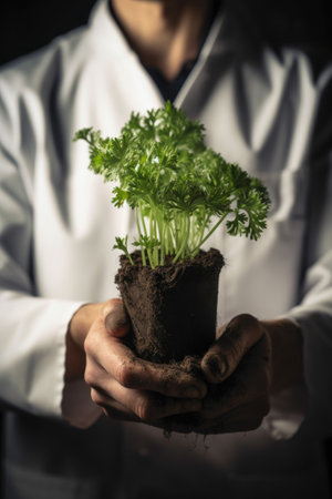 shot of an engineer holding a plant growing out of soil, created with generative aiの素材