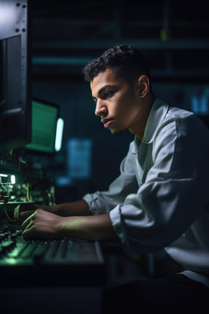 shot of a young engineer using a computer at his workstation in a factory, created with generative aiの素材