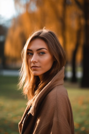 shot of a beautiful young woman standing in the park during the day, created with generative aiの素材