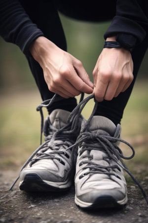 closeup of a person tying his shoelaces, created with generative aiの素材