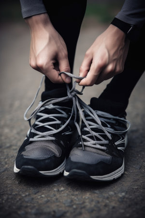 closeup of a person tying his shoelaces, created with generative aiの素材