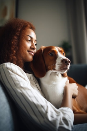 shot of a happy young woman relaxing with her dog on the sofa at home, created with generative aiの素材