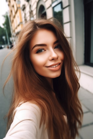 shot of an attractive young woman taking a selfie outside, created with generative aiの素材