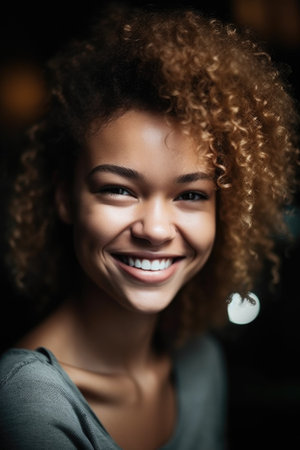 shot of a happy young woman smiling at the camera, created with generative aiの素材