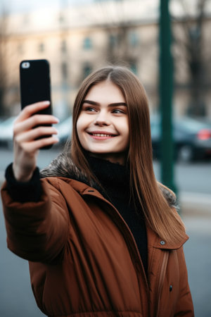 portrait of a happy young woman taking selfies with her smartphone, created with generative aiの素材