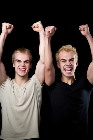 studio shot of two young men with their fists raised in celebration, created with generative aiの素材