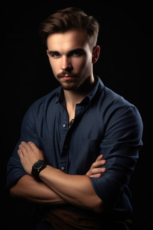 shot of a handsome young man with his arms crossed standing in the studio, created with generative aiの素材