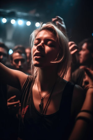 portrait, music and hype with woman or crowd at night for club party, celebration and freedom, created with generative aiの素材