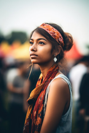 shot of an attractive young woman standing alone while at festival, created with generative aiの素材