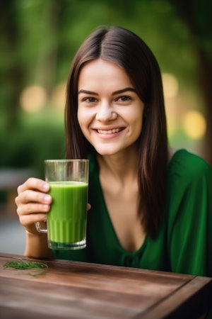 woman, portrait smile and green juice in nature happiness with mockup glass on table, created with generative aiの素材
