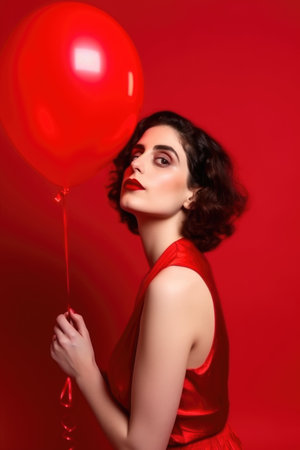 editorial, beauty and woman with balloon for celebration on red background in studio, created with generative aiの素材