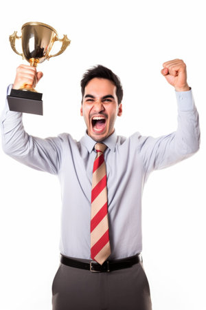 excited, winner and man with cup isolated on white background in studio for success, achievement and win, created with generative aiの素材
