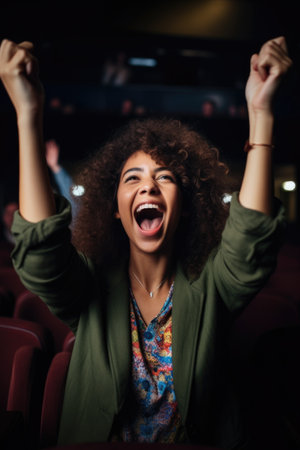 excited woman, excited people and celebration with happiness for success in a movie theater, created with generative aiの素材