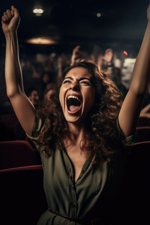 excited woman, excited people and celebration with happiness for success in a movie theater, created with generative aiの素材