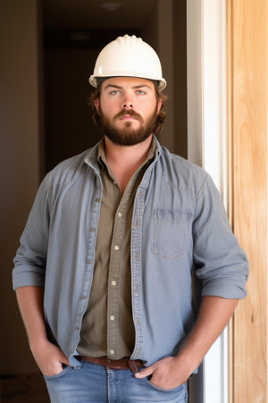 portrait of a handsome young contractor standing in the doorway of a new home, created with generative aiの素材