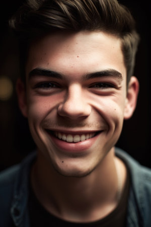 closeup shot of a young man looking at the camera and smiling, created with generative aiの素材