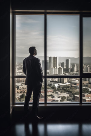shot of a man looking at the view from his office window, created with generative aiの素材