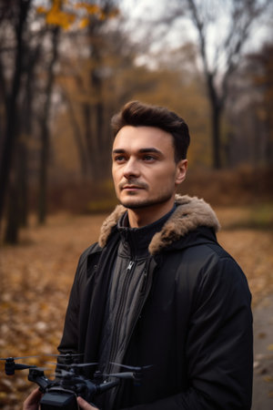 portrait of a handsome young man flying a drone in the outdoors, created with generative aiの素材