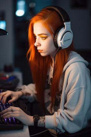 shot of a young woman using her headset and laptop to play video games, created with generative aiの素材