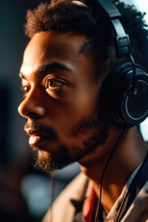 closeup shot of an ethnic man wearing a headset while playing video games, created with generative aiの素材