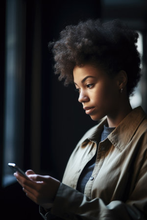 shot of a young woman using her mobile phone at a pc, created with generative aiの素材