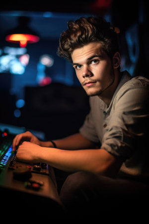high angle portrait of a handsome young man playing video games in a game lounge, created with generative aiの素材