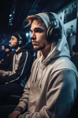 handsome young man in a game of esports with his friends, created with generative aiの素材