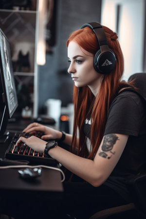 shot of a young female gamer using her laptop at home, created with generative aiの素材