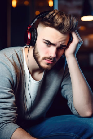 shot of a young man holding his head in pain after playing video games, created with generative aiの素材