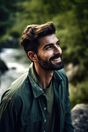 shot of a handsome young man enjoying the outdoors, created with generative aiの素材