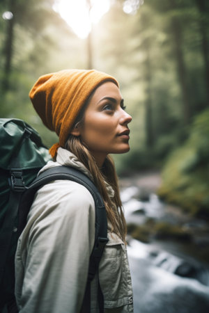shot of a beautiful young woman on a hiking trip, created with generative aiの素材