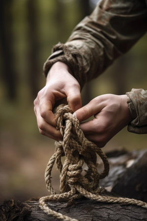 cropped shot of a hands tied by a rope in the outdoors, created with generative aiの素材