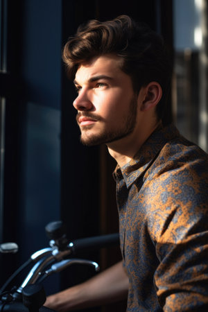 cropped shot of a handsome young man leaning on his bike, created with generative aiの素材