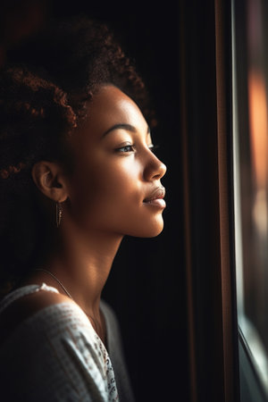shot of a young woman looking out the window while on vacation, created with generative aiの素材