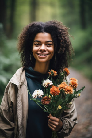 shot of a young woman holding flowers while out on a nature walk, created with generative aiの素材