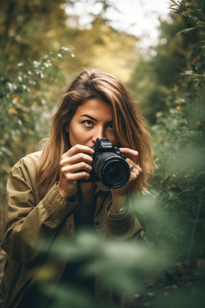 cropped shot of a woman holding a camera while exploring through nature, created with generative aiの素材