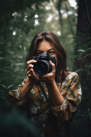 cropped shot of a woman holding a camera while exploring through nature, created with generative aiの素材