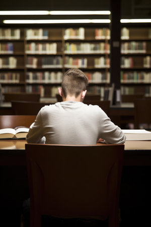 rear view of a young man studying at his desk in the library, created with generative aiの素材
