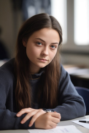 portrait of a young female student working in class, created with generative aiの素材