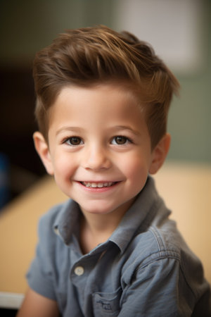 a happy young boy sitting in class, created with generative aiの素材