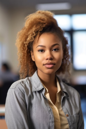 portrait of a confident young female student in a classroom at university, created with generative aiの素材