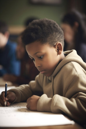 shot of a young boy writing on paper in class, created with generative aiの素材