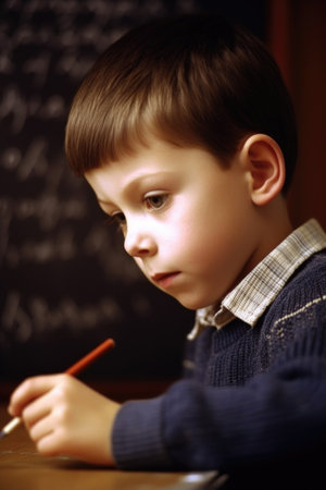 shot of a young boy writing on a blackboard in class, created with generative aiの素材