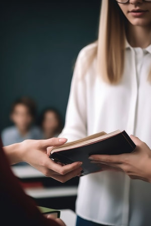 cropped shot of an unrecognizable teacher holding out a book for her student to take, created with generative aiの素材