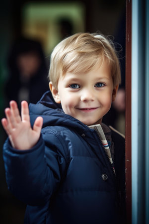 shot of a little boy at school saying hello, created with generative aiの素材